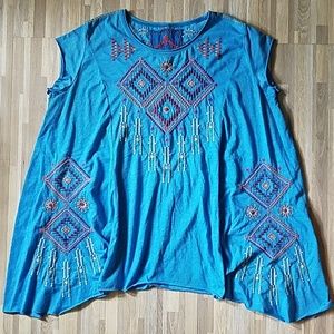 Johnny Was Blue Embroidered Tee